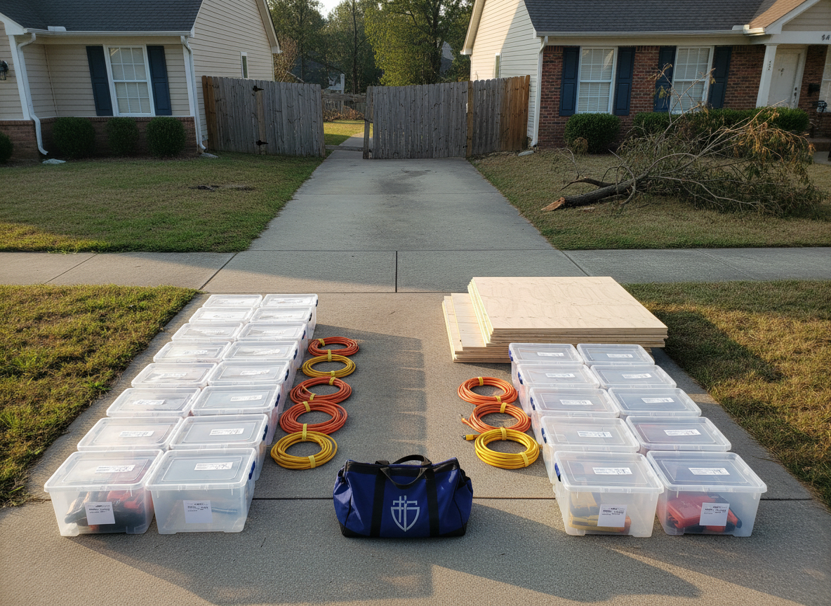 An overhead photographic view of a clean worksite staging area in a driveway, showing organized rows of labeled plastic bins (labels not readable), neatly coiled extension cords, stacked sheets of plywood, and a central, large tool bag embroidered only with an abstract emblem resembling a shield and a subtle cross shape, but no text. The surrounding houses show minor storm damage—missing fence boards, a fallen branch gathered to the side—but the main focus is on preparedness and order. Soft late-morning sunlight creates crisp, professional shadows and highlights, giving the scene a calm, efficient mood aligned with a faith-based disaster response organization ready to serve.