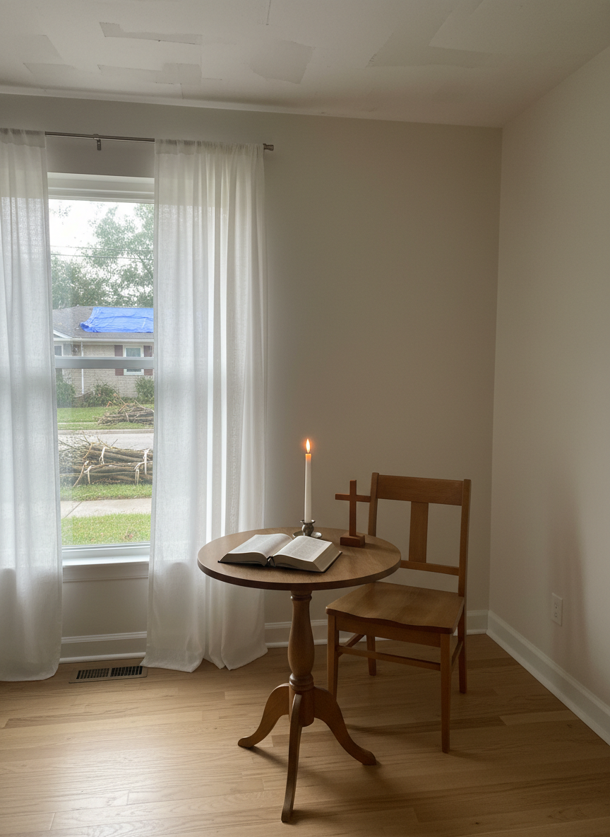 A peaceful, minimally furnished room with a repaired ceiling and newly painted walls, featuring a simple wooden chair beside a small table holding an open, textless devotional book, a lit white candle, and a small wooden cross sculpture. Outside the nearby window, faint evidence of storm cleanup is visible: bundled branches, a blue tarp on a distant roof, and cleaned sidewalks. Early morning light filters through sheer curtains, casting soft highlights on the candle and gentle shadows across the floor. Photographic realism with a centered, contemplative composition, evoking spiritual healing, refuge, and prayerful reflection after a disaster, with a serene and hopeful atmosphere.