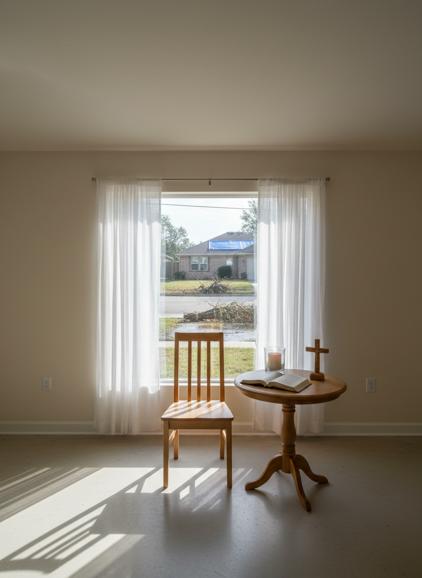 A peaceful, minimally furnished room with a repaired ceiling and newly painted walls, featuring a simple wooden chair beside a small table holding an open, textless devotional book, a lit white candle, and a small wooden cross sculpture. Outside the nearby window, faint evidence of storm cleanup is visible: bundled branches, a blue tarp on a distant roof, and cleaned sidewalks. Early morning light filters through sheer curtains, casting soft highlights on the candle and gentle shadows across the floor. Photographic realism with a centered, contemplative composition, evoking spiritual healing, refuge, and prayerful reflection after a disaster, with a serene and hopeful atmosphere.