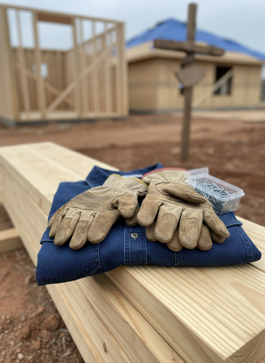 A close-up of two pairs of strong, dirt-dusted work gloves resting on a neatly folded denim work shirt atop a stack of new lumber, positioned on the edge of a construction site where a home is being rebuilt after a storm. In the blurred background, a partially framed wall, a tarp-covered roof, and a simple wooden cross-shaped yard ornament signal both physical and spiritual rebuilding. Soft overcast daylight creates even, diffused lighting with gentle shadows, emphasizing textures of fabric, wood grain, and clean nails lined up in a small container. Photographic realism, shot from a slightly elevated angle, conveys teamwork, dignity, and quiet determination without showing any people.