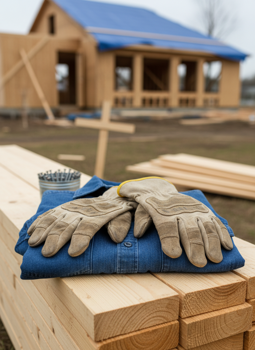 A close-up of two pairs of strong, dirt-dusted work gloves resting on a neatly folded denim work shirt atop a stack of new lumber, positioned on the edge of a construction site where a home is being rebuilt after a storm. In the blurred background, a partially framed wall, a tarp-covered roof, and a simple wooden cross-shaped yard ornament signal both physical and spiritual rebuilding. Soft overcast daylight creates even, diffused lighting with gentle shadows, emphasizing textures of fabric, wood grain, and clean nails lined up in a small container. Photographic realism, shot from a slightly elevated angle, conveys teamwork, dignity, and quiet determination without showing any people.