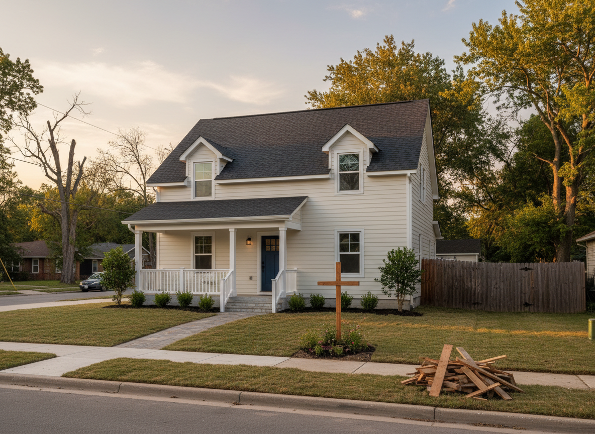 A warmly lit, recently restored single-family home with fresh siding and a new roof, standing solidly in a quiet neighborhood that still shows subtle signs of past storm damage. The yard is tidy, with newly planted shrubs and a simple wooden cross-shaped garden feature near the front walk, symbolizing faith and renewal without any text. Late afternoon golden light washes over the house, catching faint watermarks on a neighboring fence and a small pile of discarded, damaged lumber at the curb. Photographic realism, shot at eye level with a wide lens, emphasizing the contrast between brokenness and restoration in a dignified, hopeful mood.