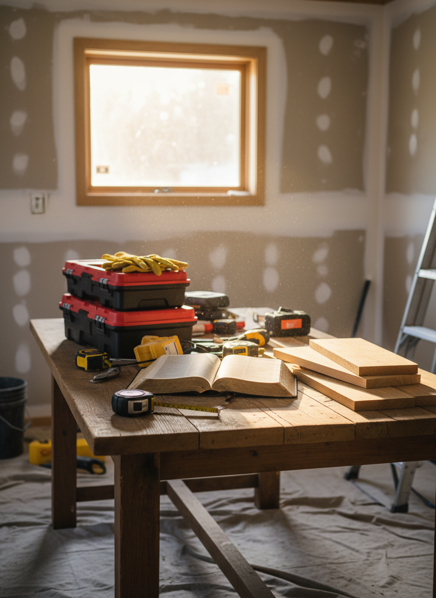 A sturdy wooden dining table inside a modest, partially repaired living room, covered with neatly organized toolboxes, clean work gloves, measuring tapes, and stacks of new lumber samples, alongside an open, well-worn leather Bible with its pages visible but no readable text. Sunlight streams through a repaired window, illuminating dust motes in the air and highlighting patched drywall and fresh primer on the walls. Photographic realism with a shallow depth of field focuses on the table surface, while the background softly reveals a space in transition from damage to restoration. The mood is calm, professional, and hopeful, suggesting intentional preparation for a day of disaster response ministry.