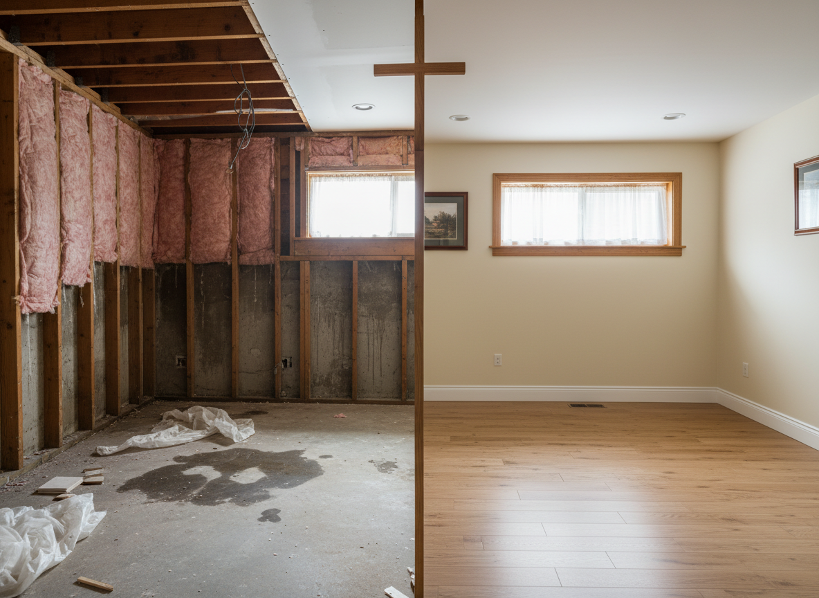 A side-by-side contrast within a single photographic frame: on the left, a room segment with exposed studs, insulation pulled back, and a water-stained concrete floor; on the right, the same room section fully restored with smooth painted walls, new trim, and a clean laminate floor. A slim vertical wooden cross wall decor subtly bridges the two halves. Neutral, diffused daylight from a high window provides even lighting, emphasizing transformation rather than devastation. The camera is positioned straight-on for a balanced composition, with sharp focus throughout. The mood is hopeful and redemptive, visually narrating the journey from disaster damage to physical and spiritual restoration without showing any people.