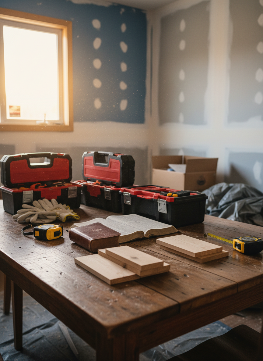 A sturdy wooden dining table inside a modest, partially repaired living room, covered with neatly organized toolboxes, clean work gloves, measuring tapes, and stacks of new lumber samples, alongside an open, well-worn leather Bible with its pages visible but no readable text. Sunlight streams through a repaired window, illuminating dust motes in the air and highlighting patched drywall and fresh primer on the walls. Photographic realism with a shallow depth of field focuses on the table surface, while the background softly reveals a space in transition from damage to restoration. The mood is calm, professional, and hopeful, suggesting intentional preparation for a day of disaster response ministry.