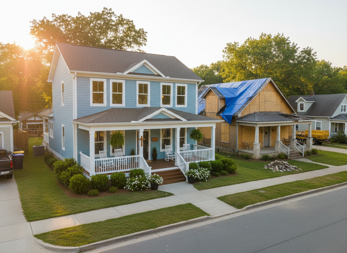 A quiet neighborhood street where one fully rebuilt, freshly painted home with a welcoming front porch stands prominently in the foreground, while a neighboring house still shows boarded windows and a partially tarped roof. The restored home’s porch features a small, tasteful wooden plaque with an engraved cross motif but no words, and two potted plants brimming with new life. Soft golden hour light bathes the scene, creating long, gentle shadows and a warm, reassuring glow. Photographic realism with a slightly elevated, wide-angle composition captures the broader community context of disaster response, emphasizing dignity, resilience, and the hope of ongoing restoration.