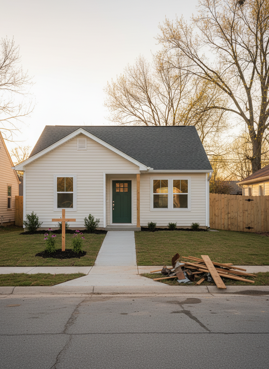 A warmly lit, recently restored single-family home with fresh siding and a new roof, standing solidly in a quiet neighborhood that still shows subtle signs of past storm damage. The yard is tidy, with newly planted shrubs and a simple wooden cross-shaped garden feature near the front walk, symbolizing faith and renewal without any text. Late afternoon golden light washes over the house, catching faint watermarks on a neighboring fence and a small pile of discarded, damaged lumber at the curb. Photographic realism, shot at eye level with a wide lens, emphasizing the contrast between brokenness and restoration in a dignified, hopeful mood.